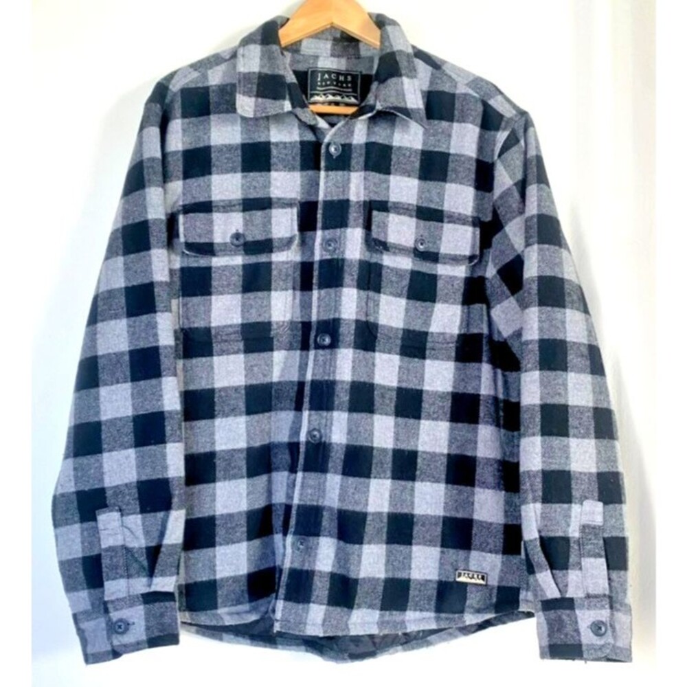 JACHS Men's Buffalo Plaid Wool Blend Shirt Jacket Quilted Black / Gray Size LG